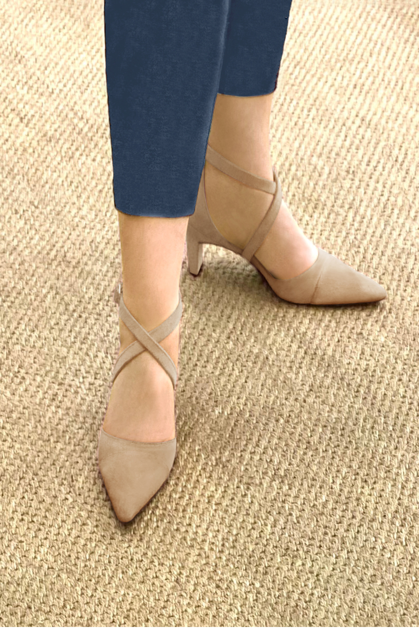 Tan beige women's open side shoes, with crossed straps. Tapered toe. Medium comma heels. Worn view - Florence KOOIJMAN